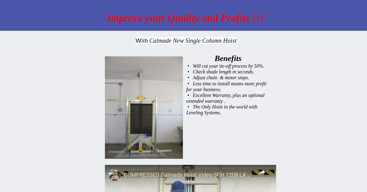 single column hoist Window Covering Machinery Inspection Hoists